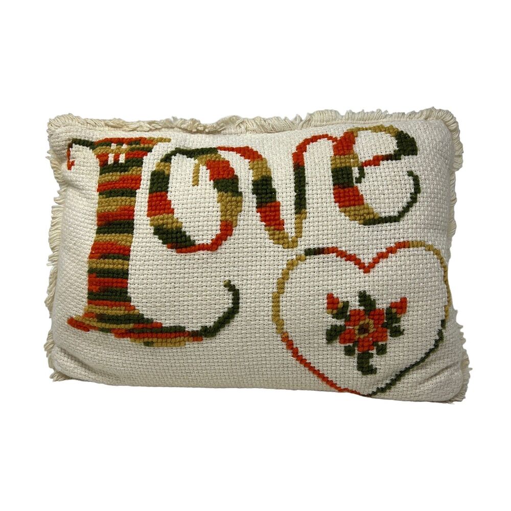 Vintage Cream Pillow Cross-Stitch Love Orange Gold Green Heart Floral Fringe